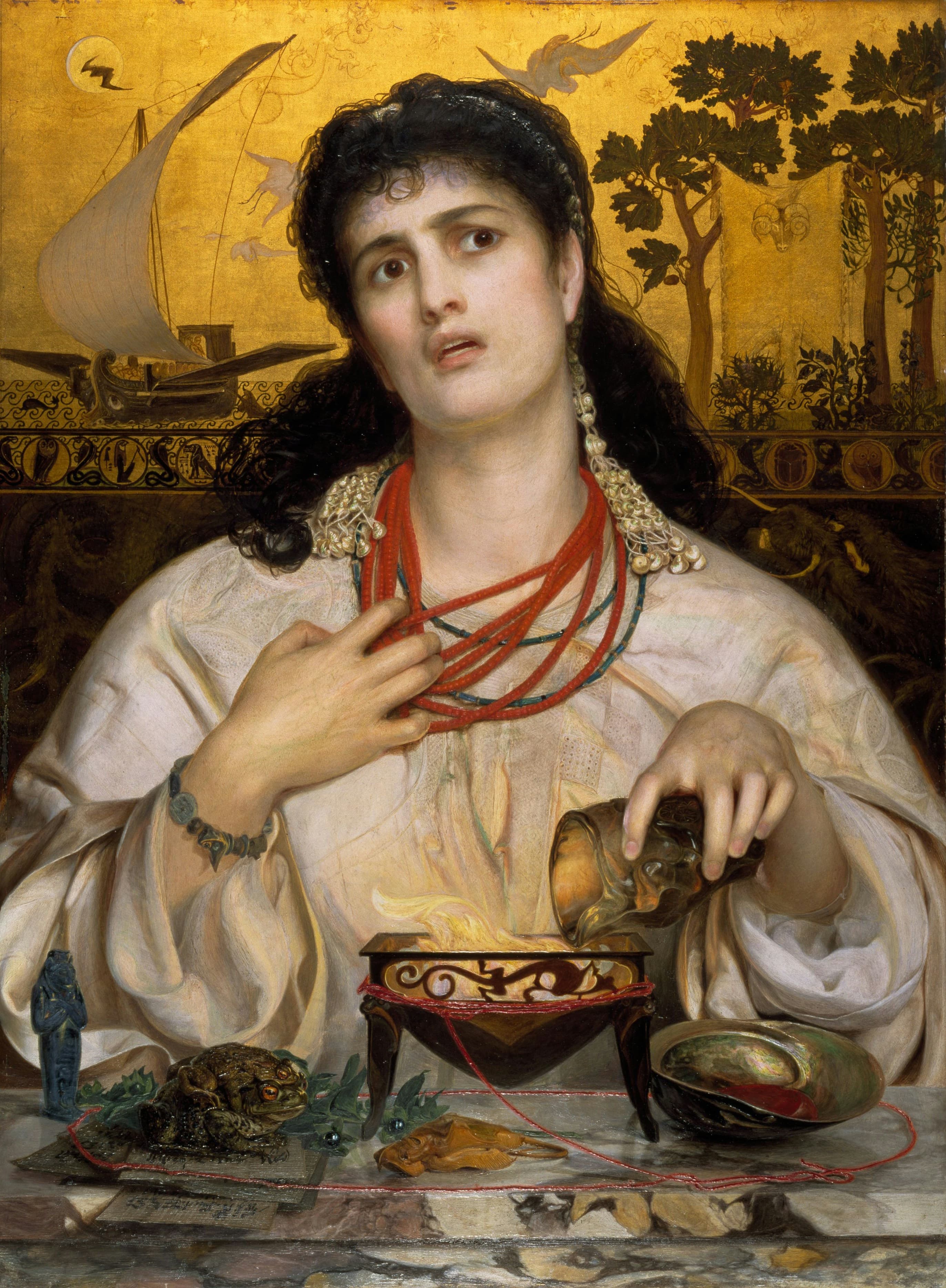Painting of a woman wearing a red beaded necklace